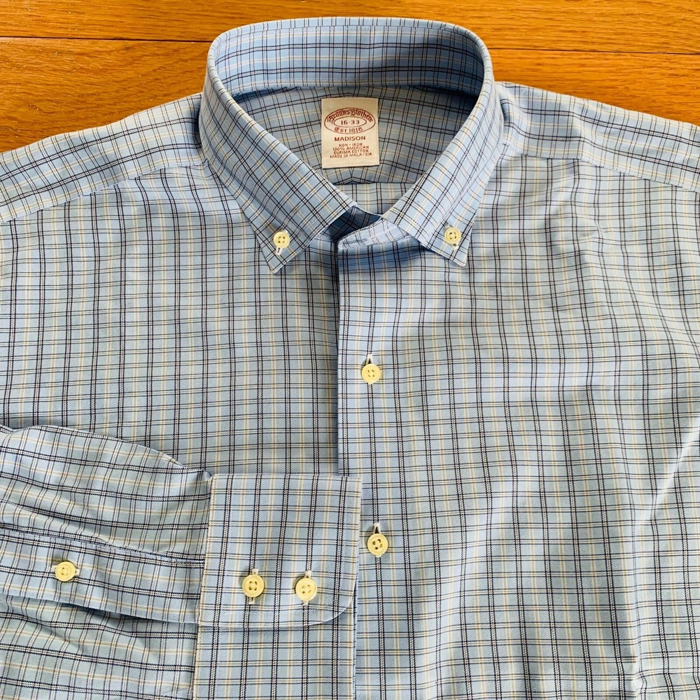 BROOKS BROTHERS Madison Button Up Oxford Men 16-33 Blue Plaid Check 100% Cotton